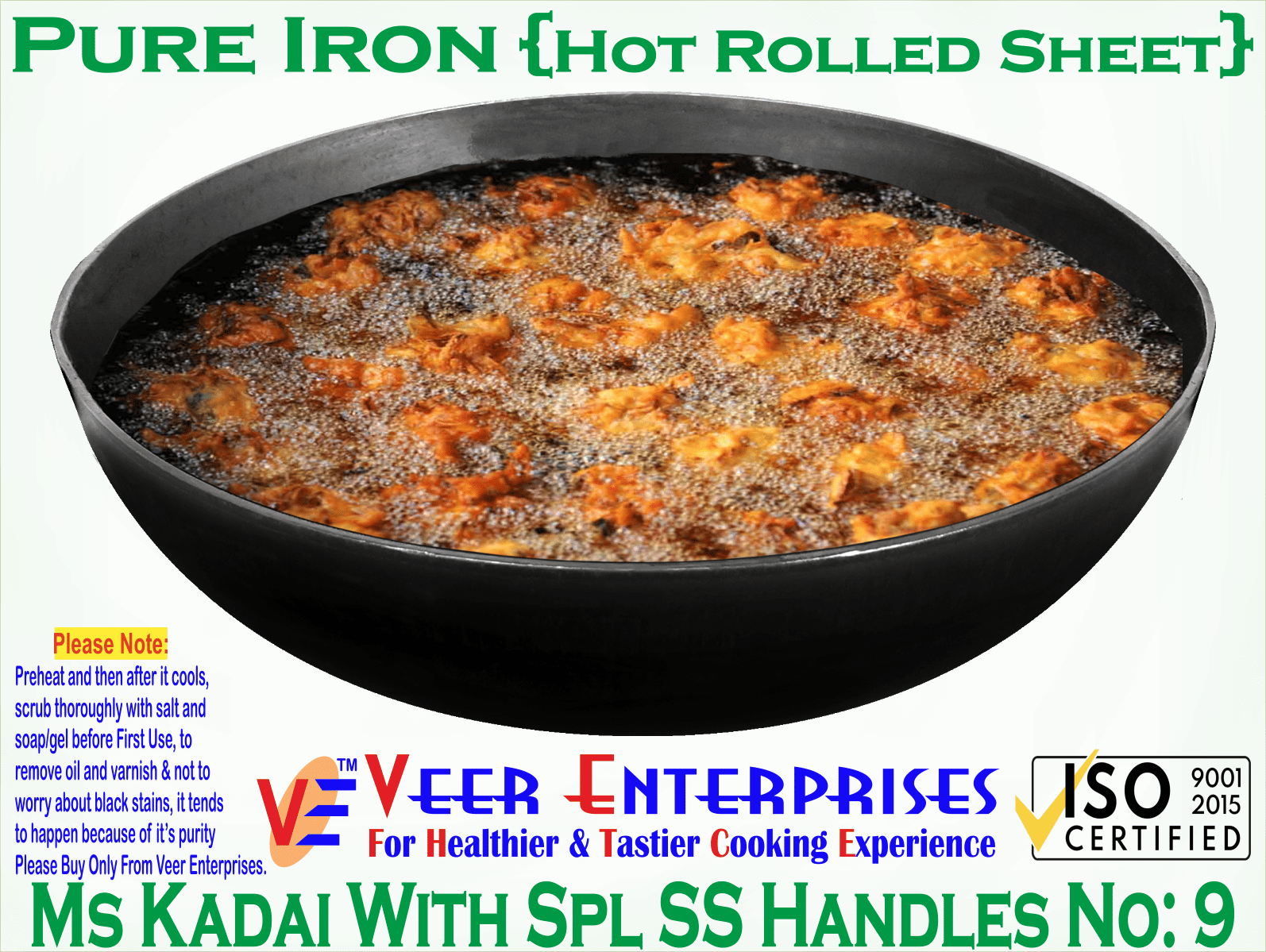     			Veer Tasla Non coated Iron Deep Kadhai Heavy Bottom Wooden Handle 2 mm Thickness 22 cm Diameter ( 1.5 L )