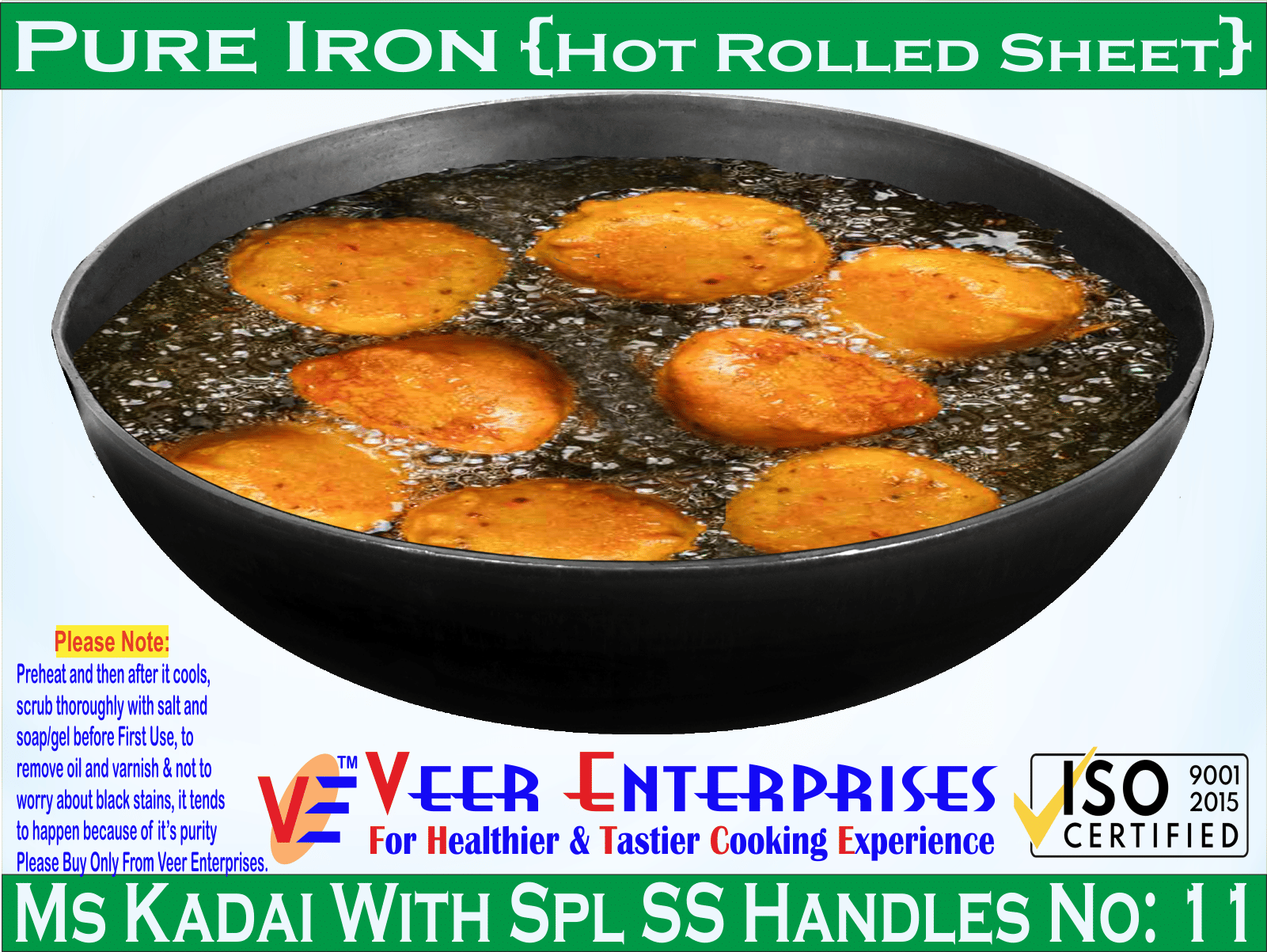     			Veer Tasla Non coated Iron Deep Kadhai Heavy Bottom Wooden Handle 2 mm Thickness 27 cm Diameter ( 2.5 L )