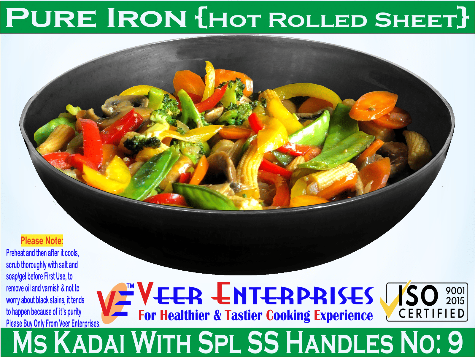     			Veer Tasla Non coated Iron Deep Kadhai Heavy Bottom Wooden Handle 2 mm Thickness 22 cm Diameter ( 1.5 L )