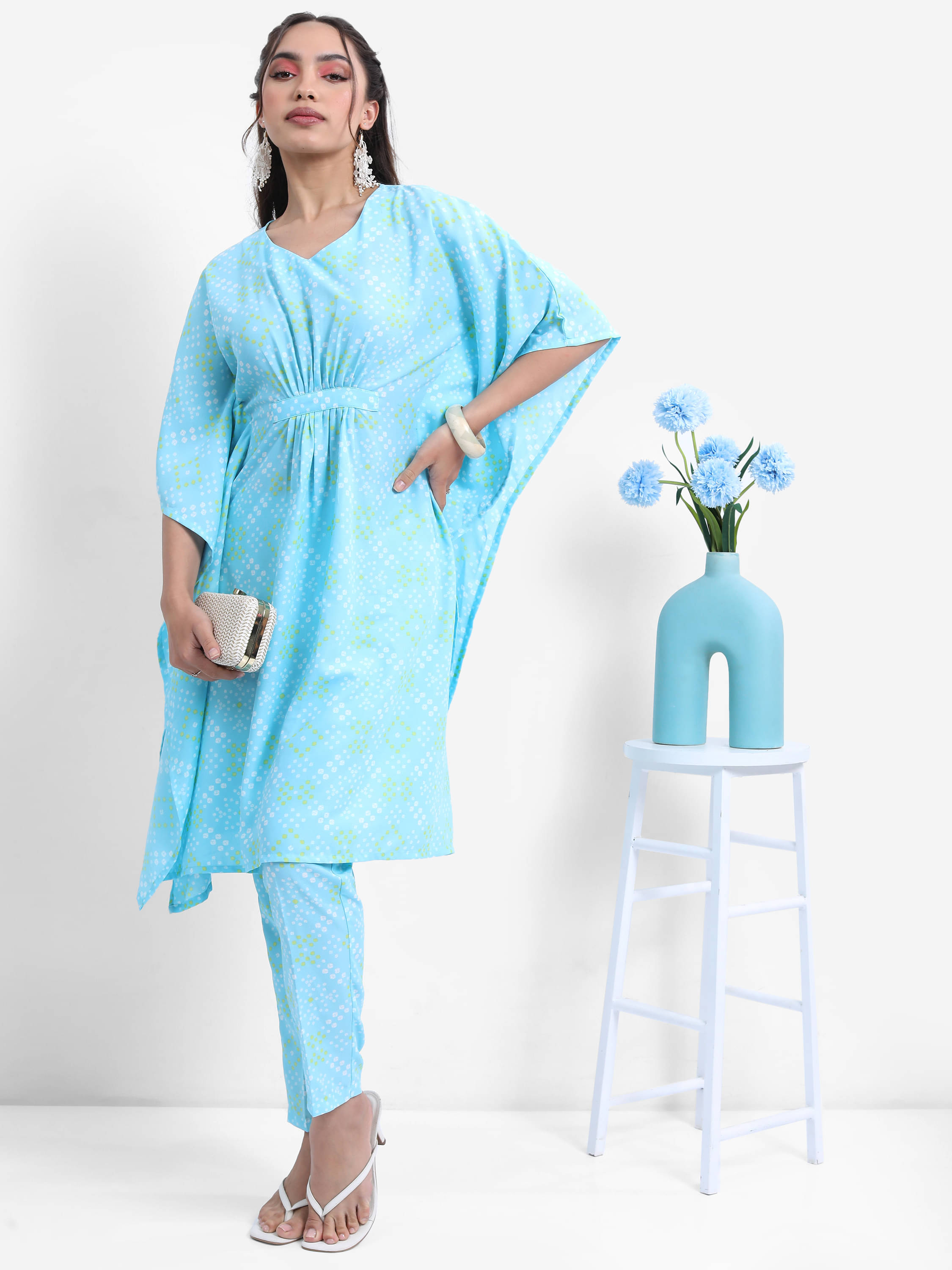     			Vishudh Women Polyester Printed Kaftan Kurti With Pants ( Blue )