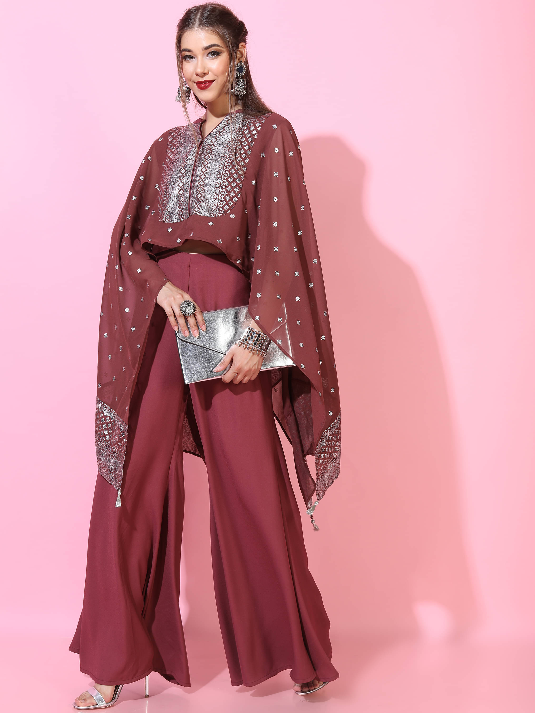    			Vishudh Women Polyester Printed Straight Kurti With Palazzo ( Maroon )