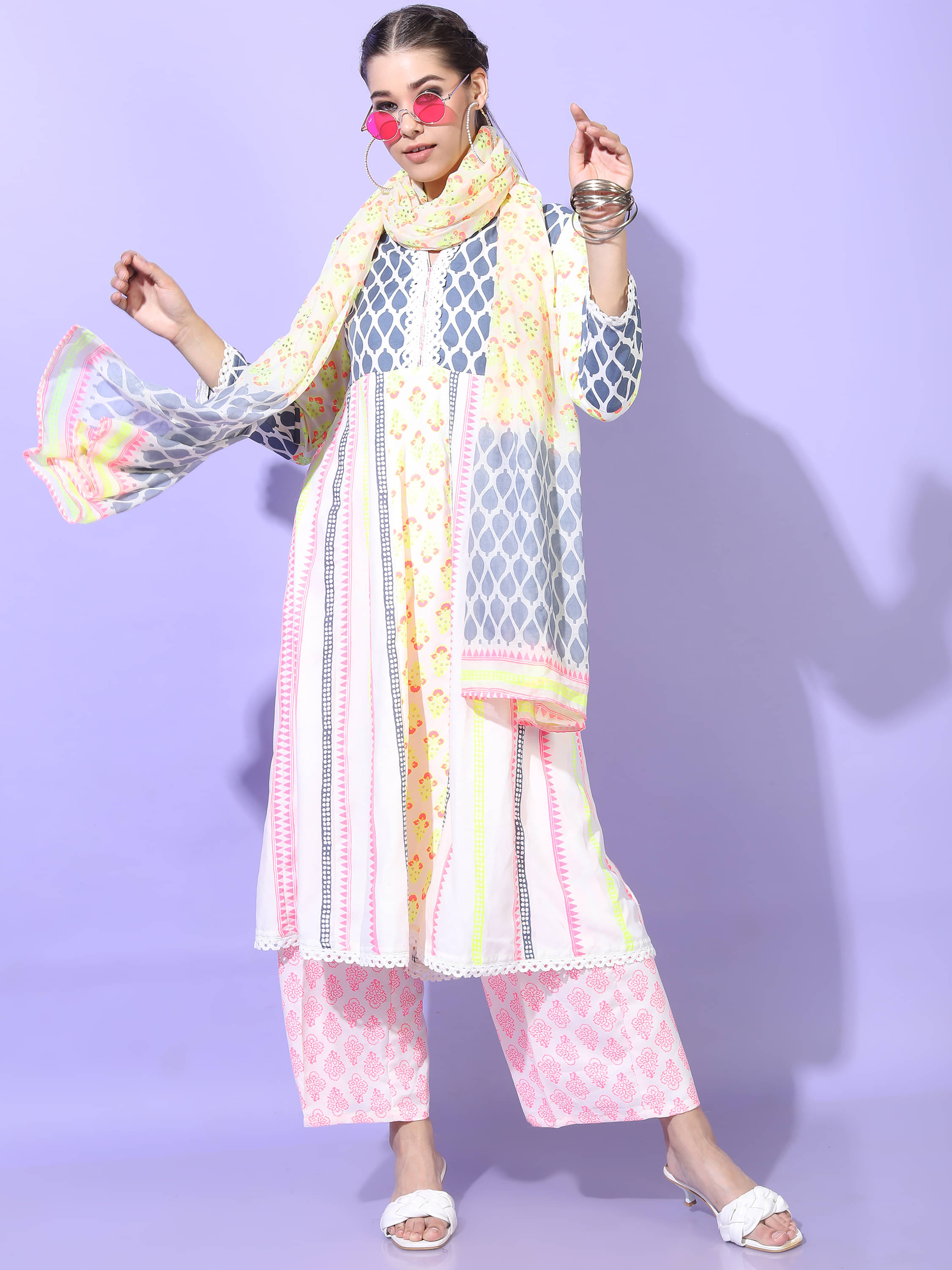     			Vishudh Women Viscose Printed A-line Kurti With Palazzo ( Multicolor )