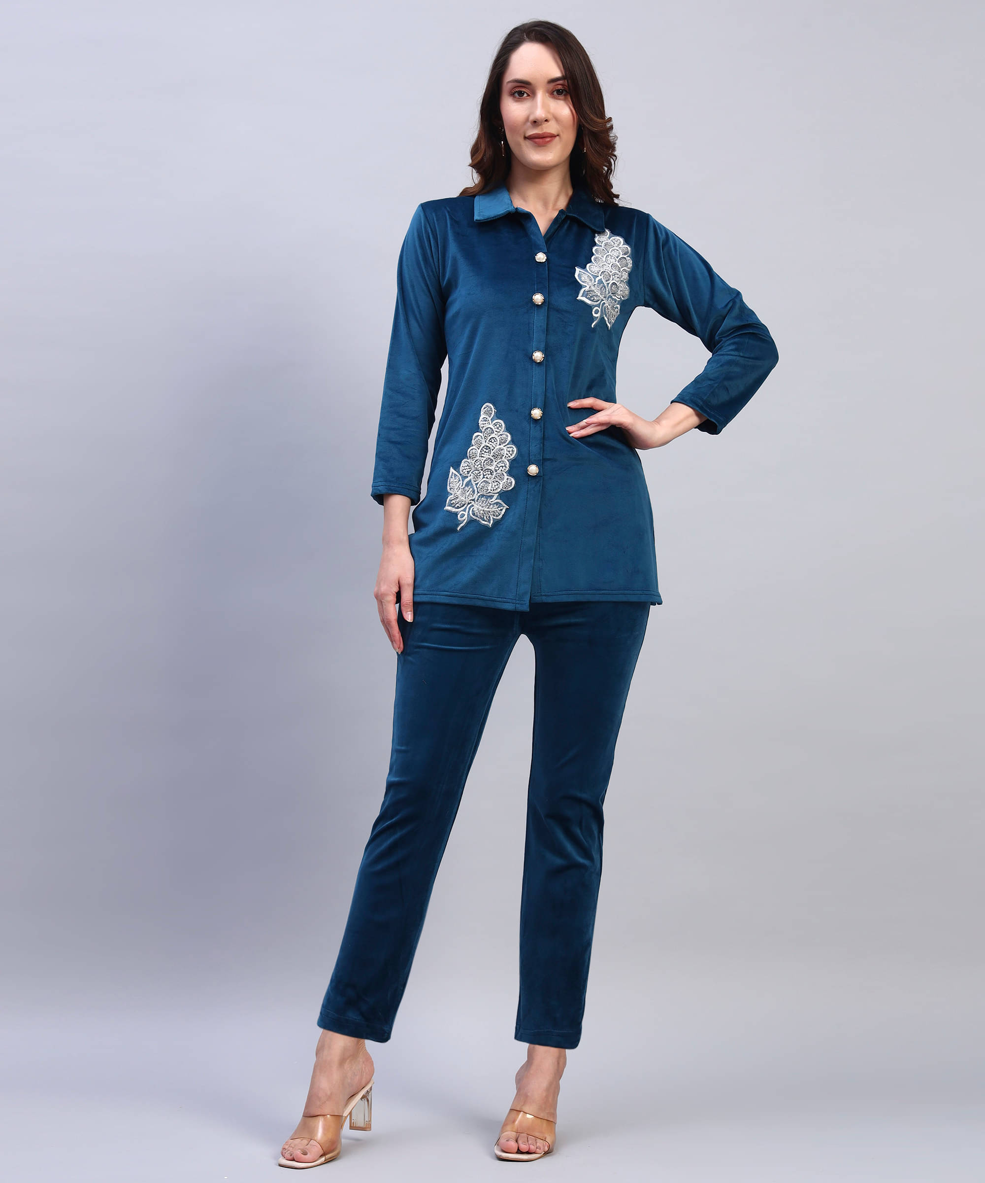     			ZEPPI Women Solid Shirt With Trousers Co-Ord Set ( Blue )