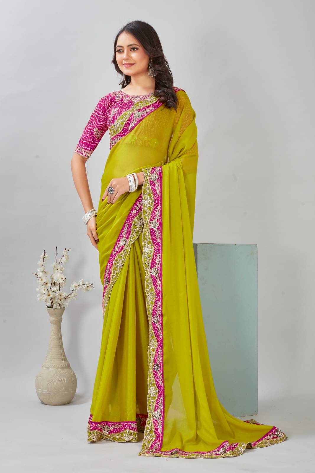     			mfh mishti fashion hub Chiffon Embroidered Regular Saree With Unstitched Blouse Piece ( Yellow )
