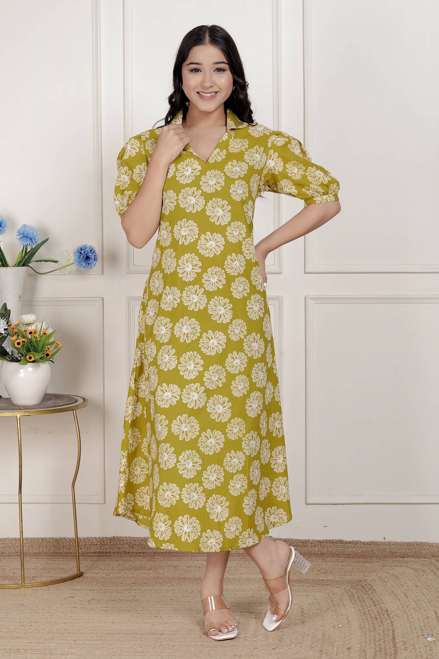     			miravan Women Cotton Printed A-line Dress ( Yellow )