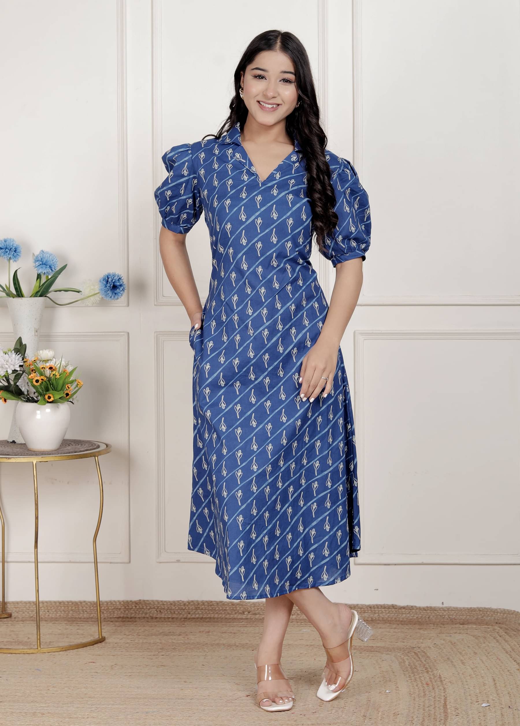     			miravan Women Cotton Printed A-line Dress ( Blue )