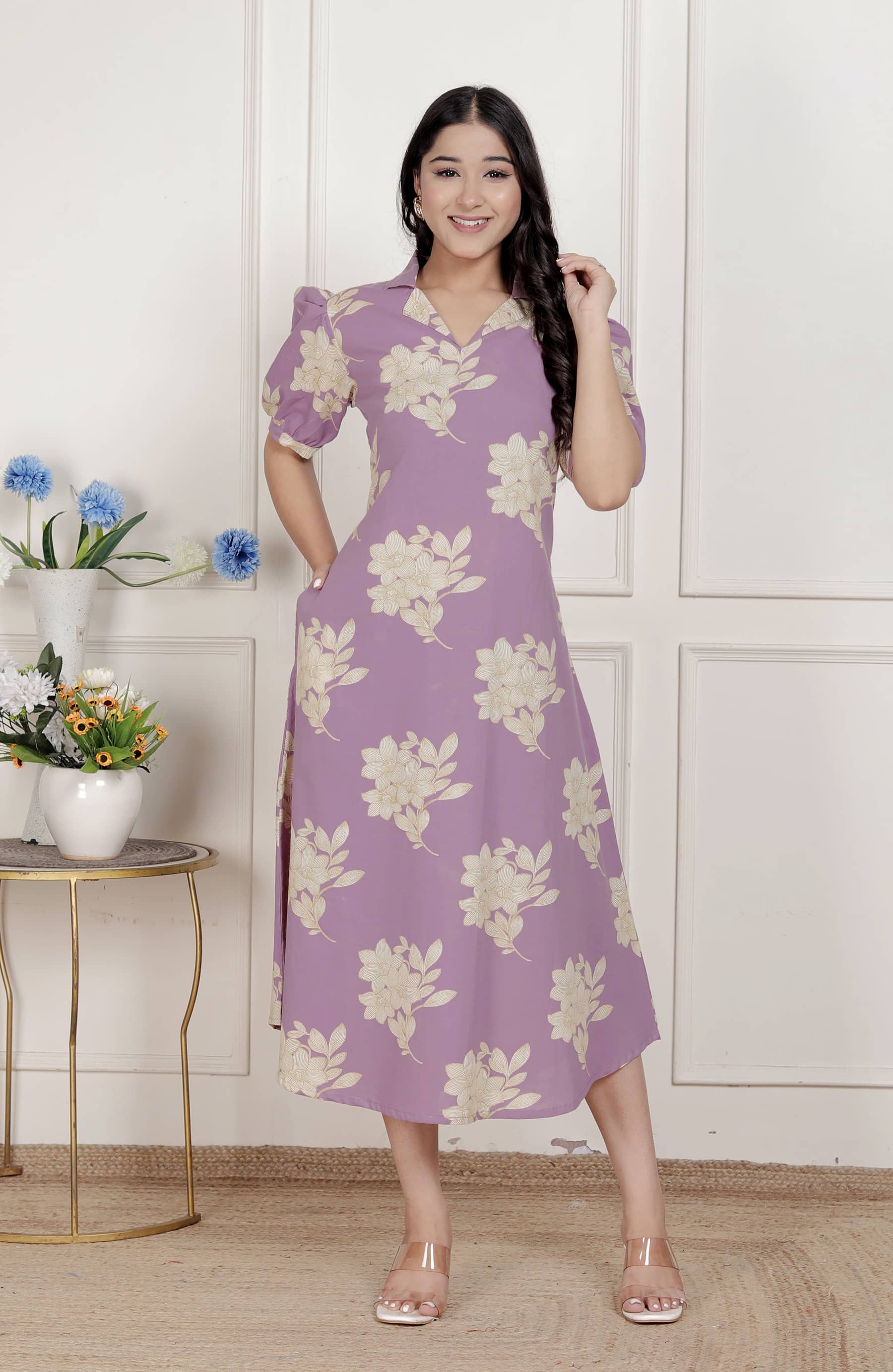 miravan Women Cotton Printed A-line Dress ( Lavender )