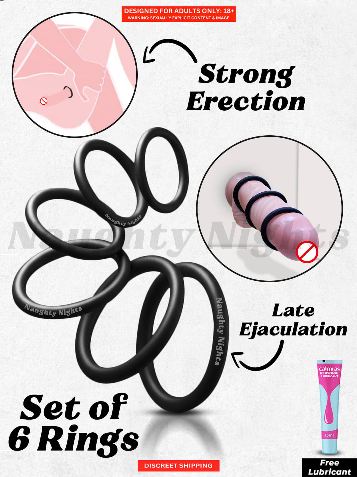 6 in 1 Time Delay Ultra Soft Strong Grip Silicone Penis Ring for Men | Easy to Hide Pocket Size Stretchable and Adjustable Cock Ring with Free Lube by Naughty Nights     			6 in 1 Time Delay Ultra Soft Strong Grip Silicone Penis Ring for Men | Easy to Hide Pocket Size Stretchable and Adjustable Cock Ring with Free Lube by Naughty Nights