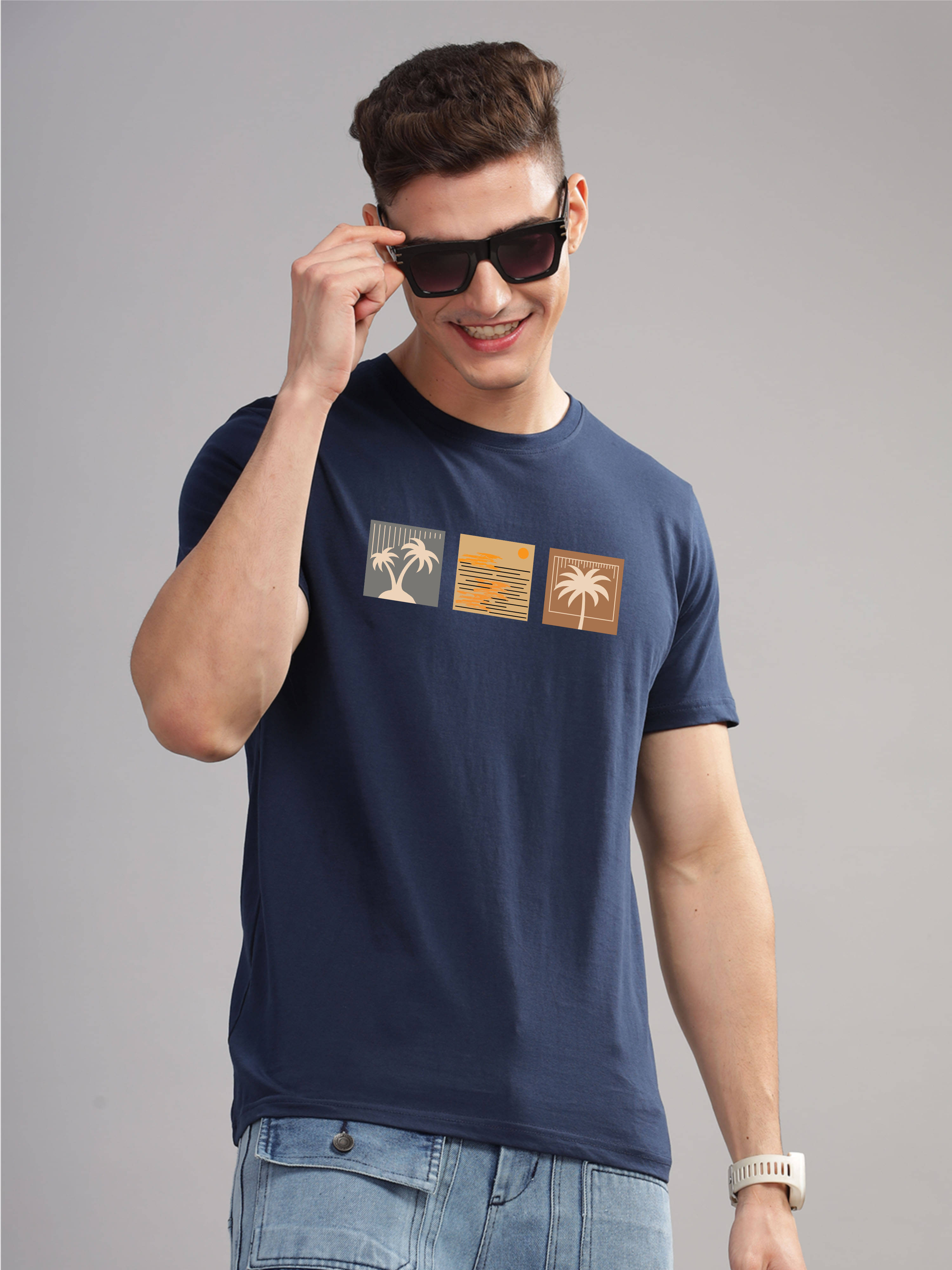     			Adro Men Cotton Blend Regular Fit Printed T-Shirt ( Navy Blue )