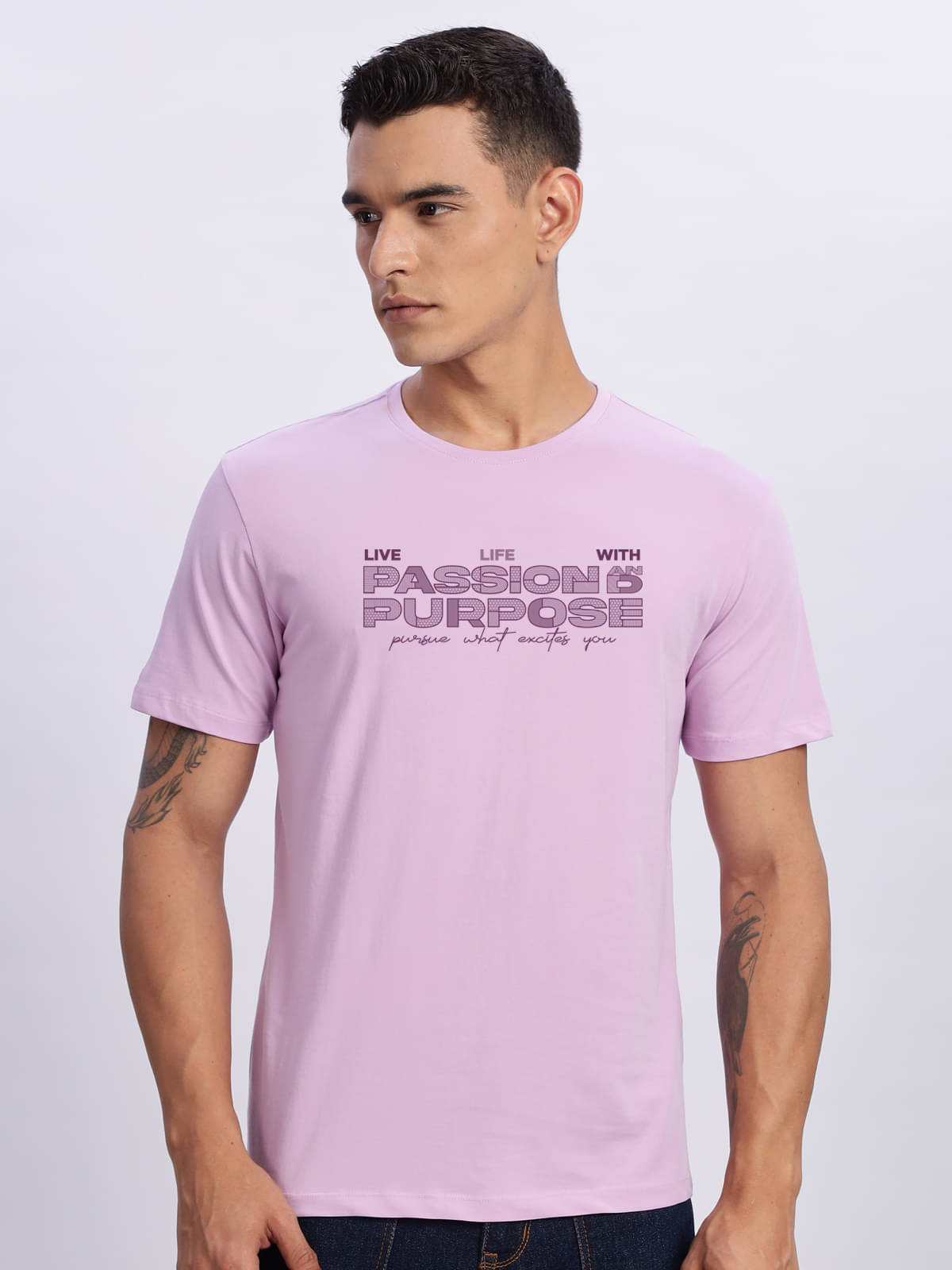 Adro Men Cotton Blend Regular Fit Printed T-Shirt ( Lavender )     			Adro Men Cotton Blend Regular Fit Printed T-Shirt ( Lavender )