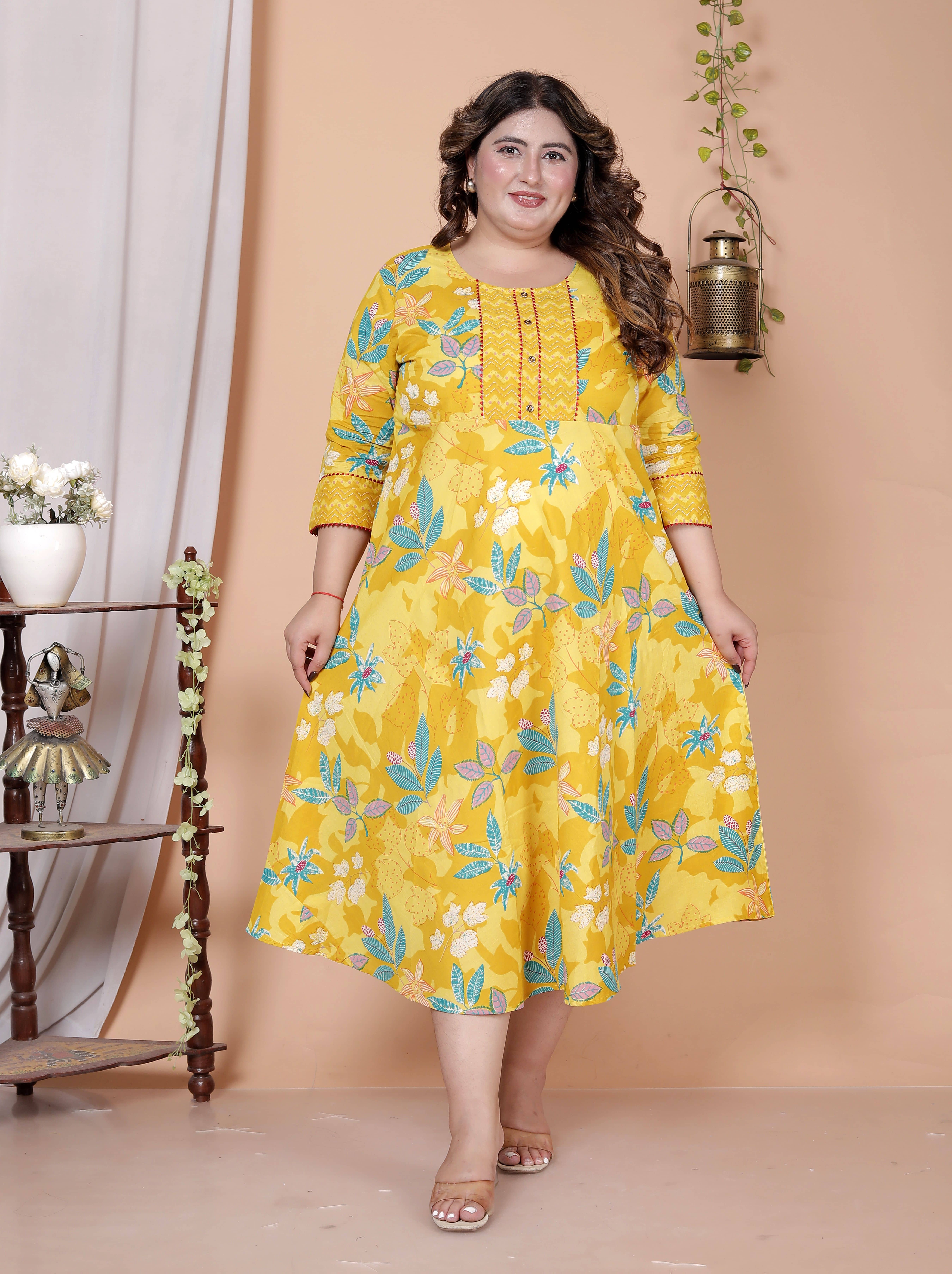 Avnii Women Cotton Printed Gown ( Yellow )