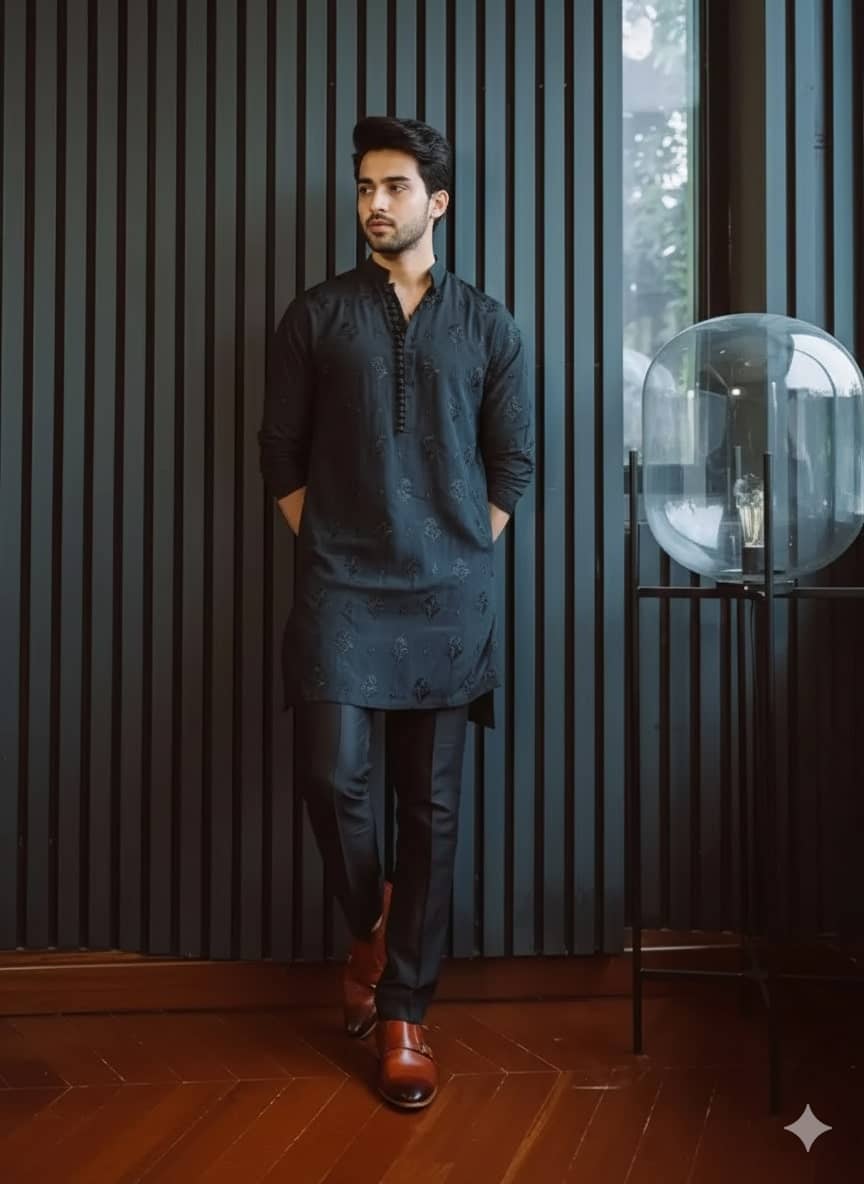 BEAUE Cotton Blend Embroidered Regular Kurta For Men ( Black ) - Kurtas & Kurta Sets | Buy online on ZillyBuy