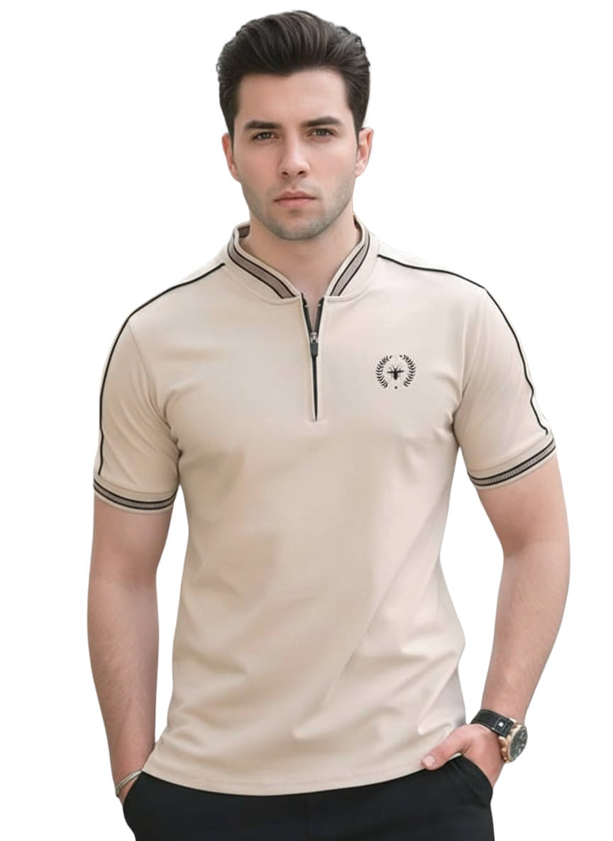     			BEAUE Men Polyester Regular Fit Self Design T-Shirt ( Beige )
