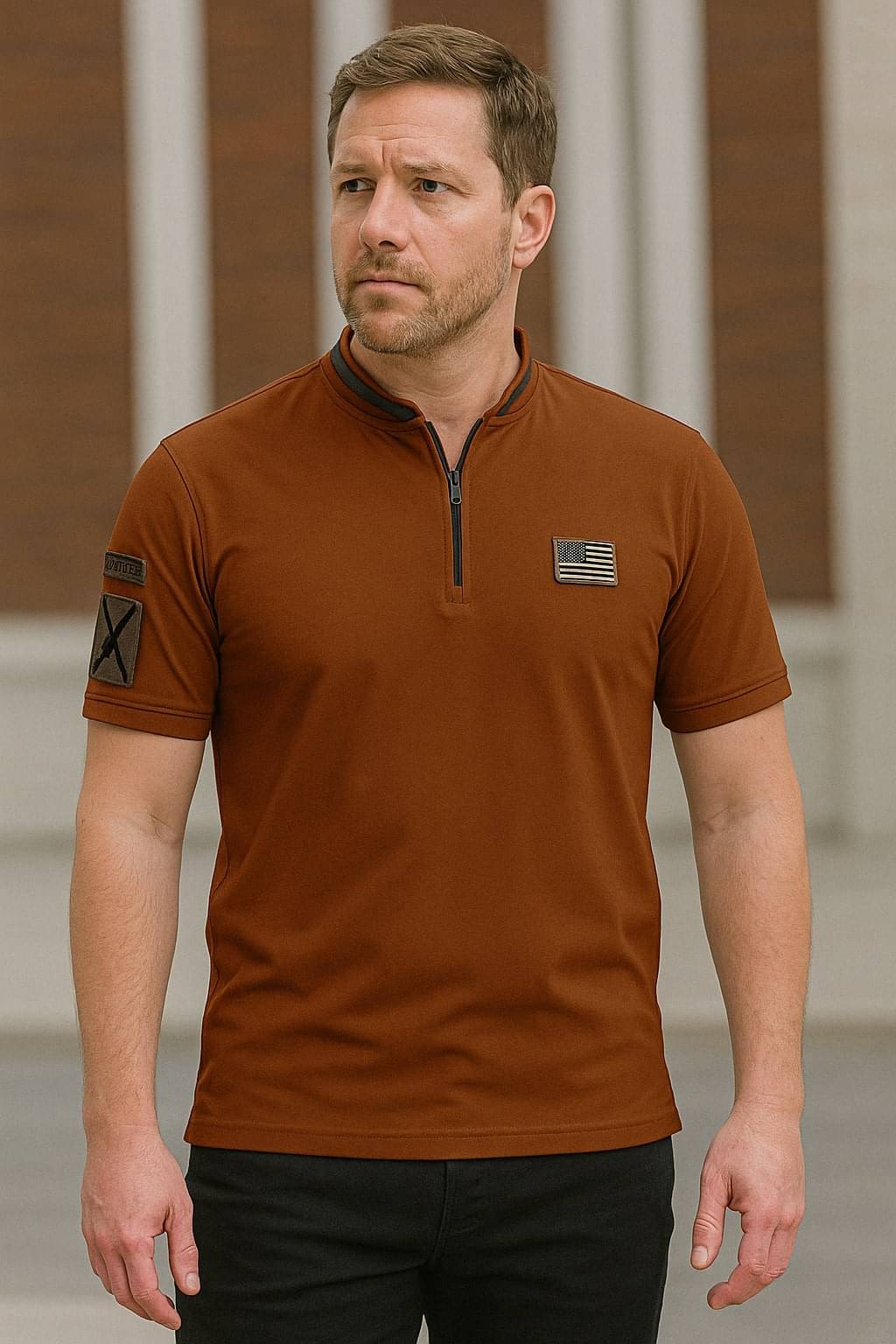     			BEAUE Men Polyester Regular Fit Self Design Polo T Shirt ( Rust )