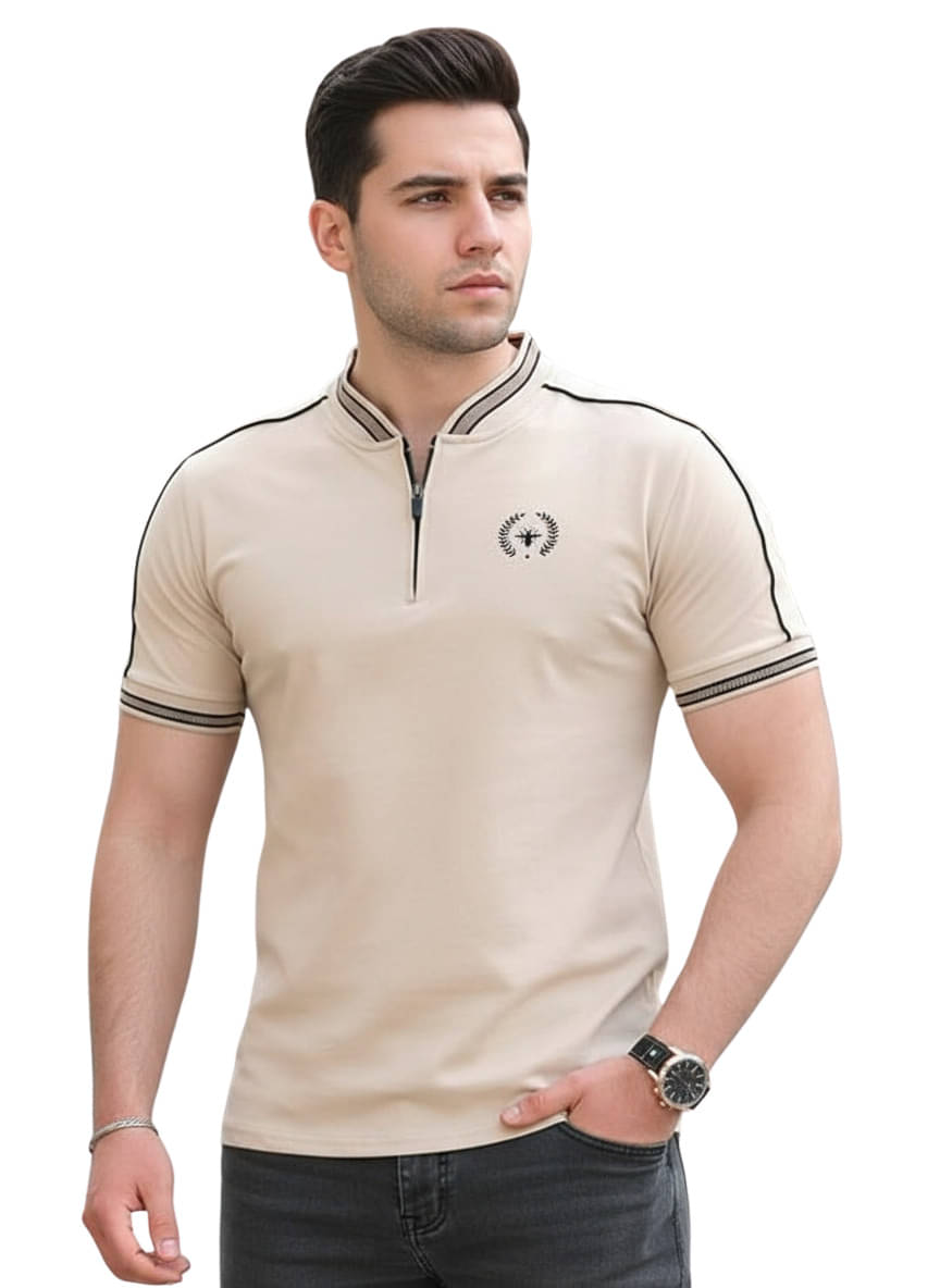     			BEAUE Men Polyester Regular Fit Self Design T-Shirt ( Beige )