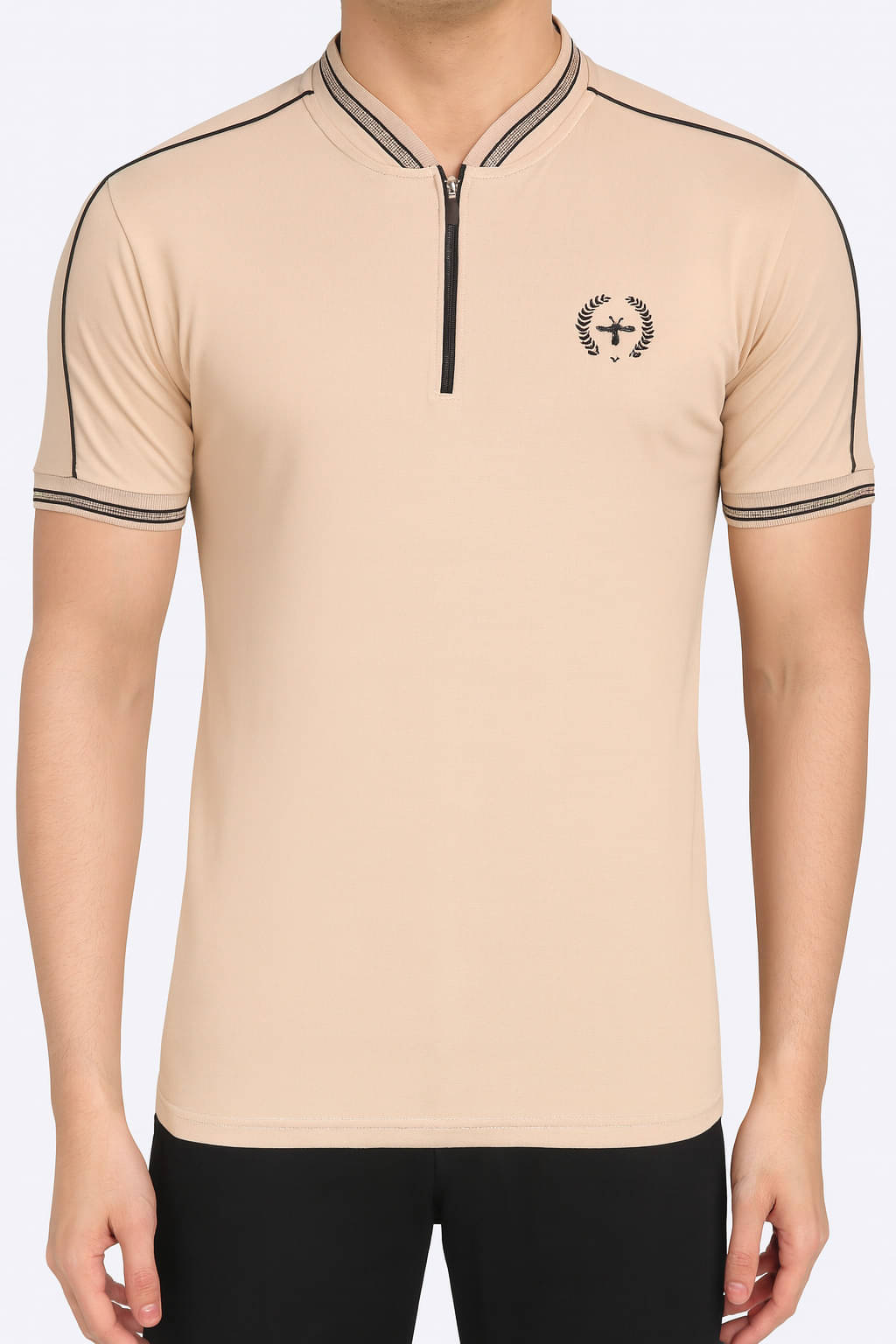 BEAUE Men Polyester Regular Fit Self Design T-Shirt ( Beige )     			BEAUE Men Polyester Regular Fit Self Design T-Shirt ( Beige )