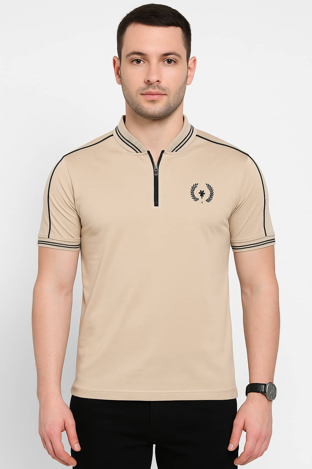 BEAUE Men Polyester Regular Fit Self Design T-Shirt ( Beige ) BEAUE Men Polyester Regular Fit Self Design T-Shirt ( Beige )