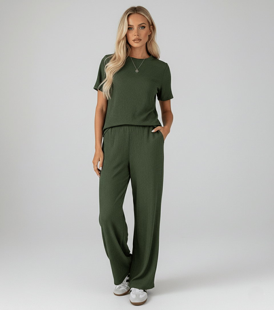 CUBIQ Women Solid T-Shirt With Trousers Co-Ord Set ( Beige )