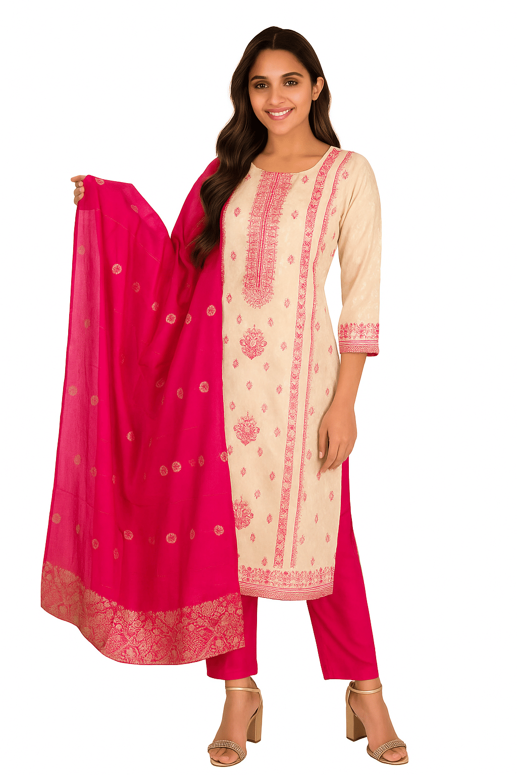     			Daughters Enterprise Women Silk Embroidered Straight Kurti With Pants ( Cream )
