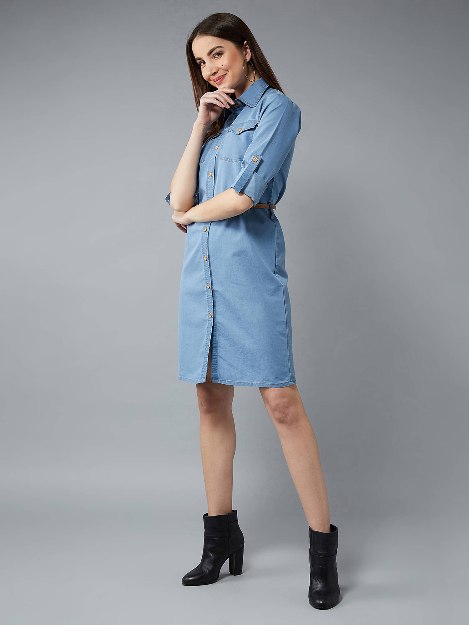     			Dolce Crudo Women Cotton Solid A-line Dress ( Blue )