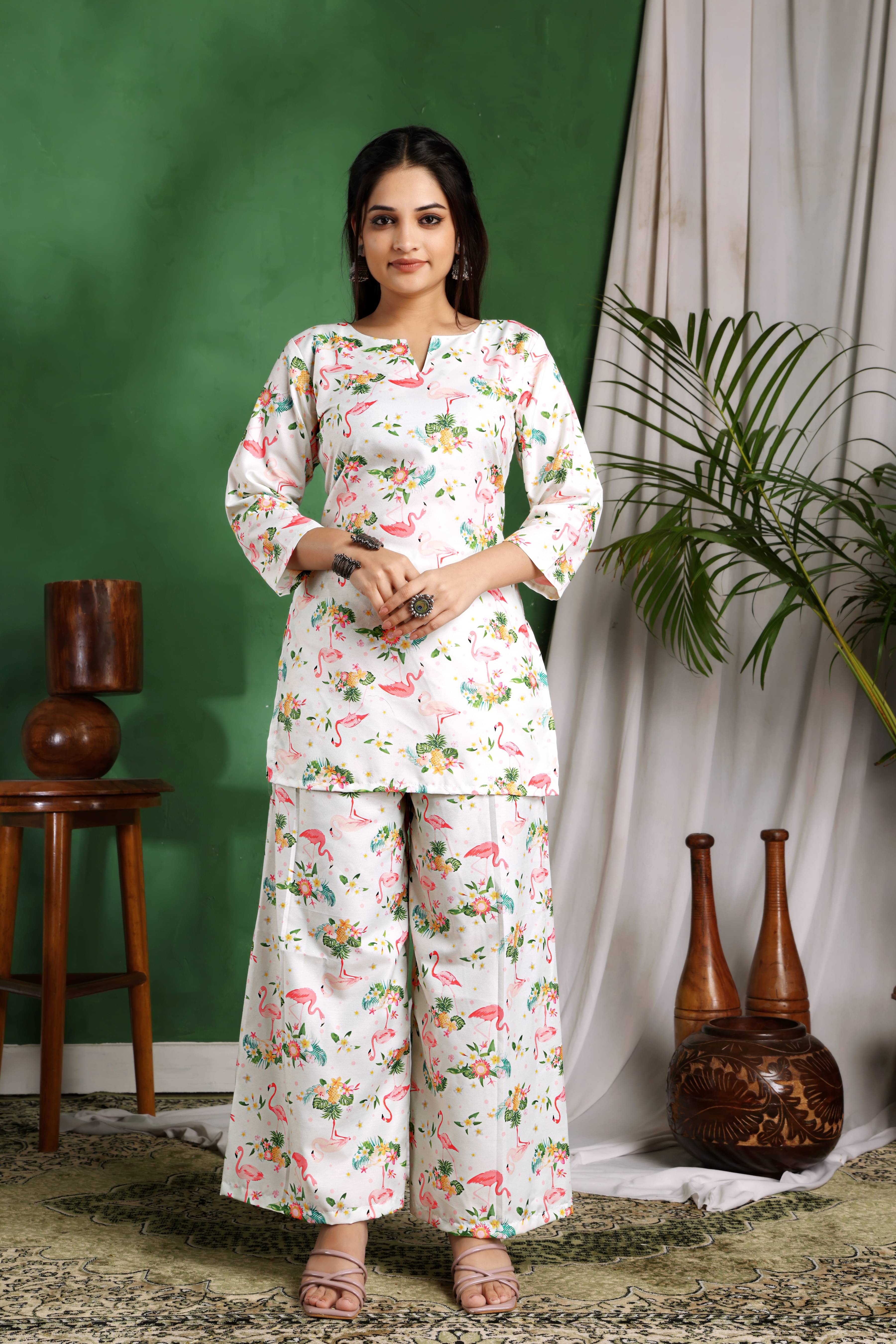     			FOLENNE Women Tunic With Palazzos Co-Ord Set ( White )