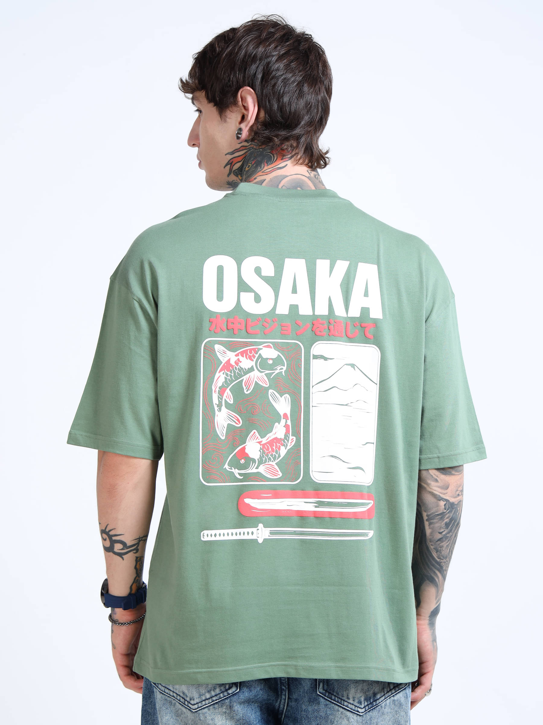     			FROSEN FOX Men 100% Cotton Oversized Fit Self Design T-Shirt ( Green )