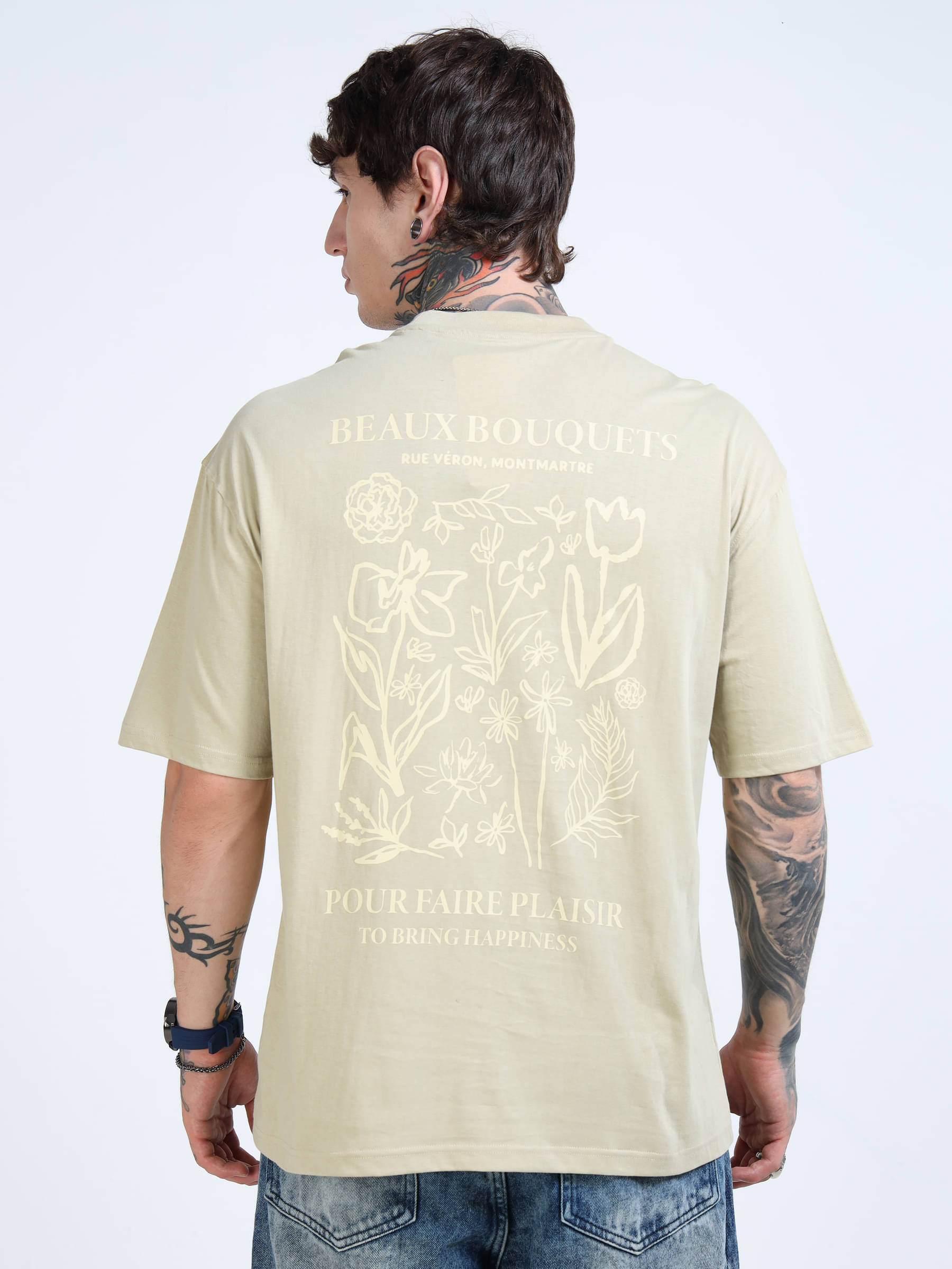     			FROSEN FOX Men 100% Cotton Oversized Fit Self Design T-Shirt ( Beige )