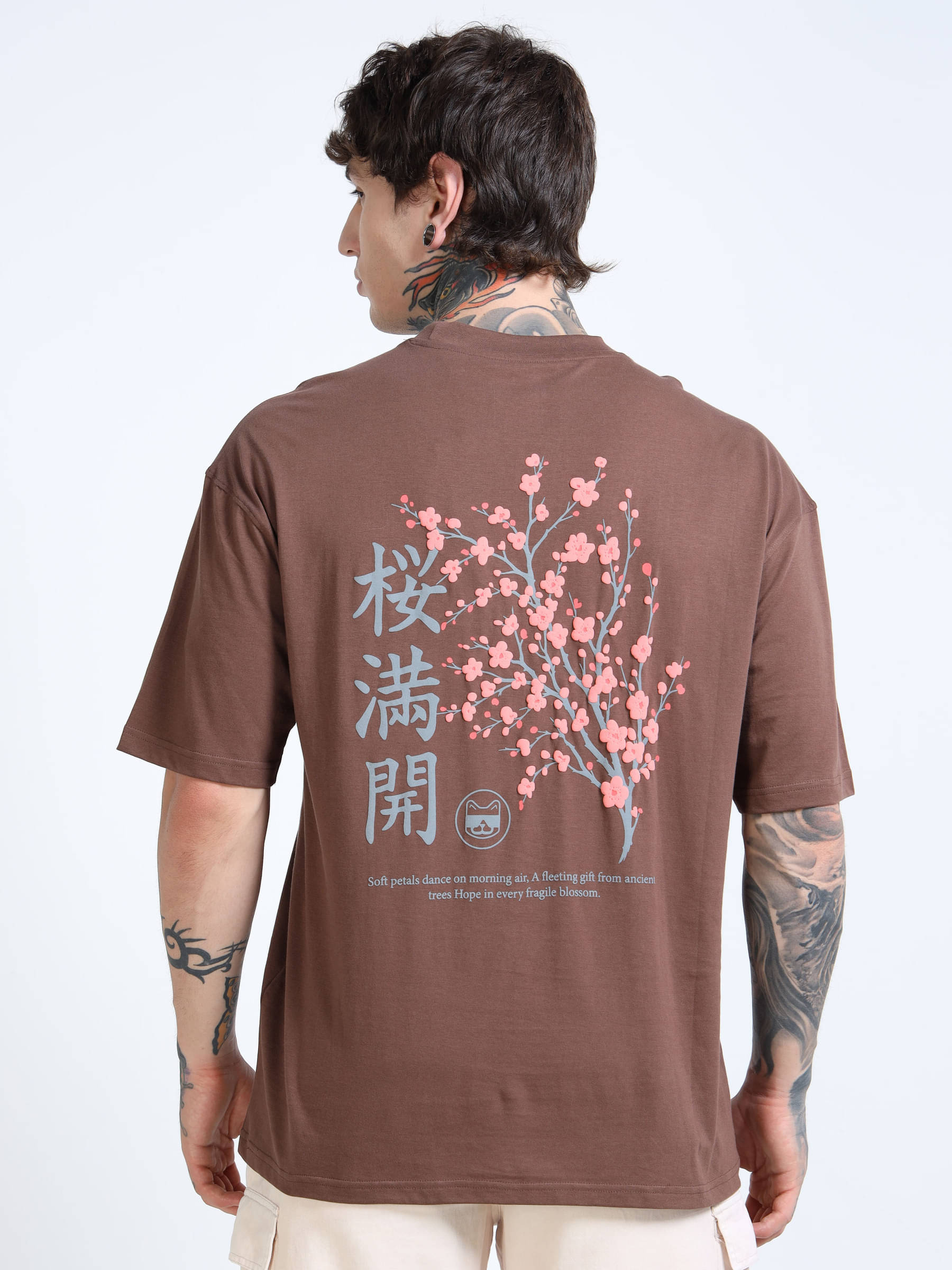     			FROSEN FOX Men 100% Cotton Oversized Fit Self Design T-Shirt ( Brown )
