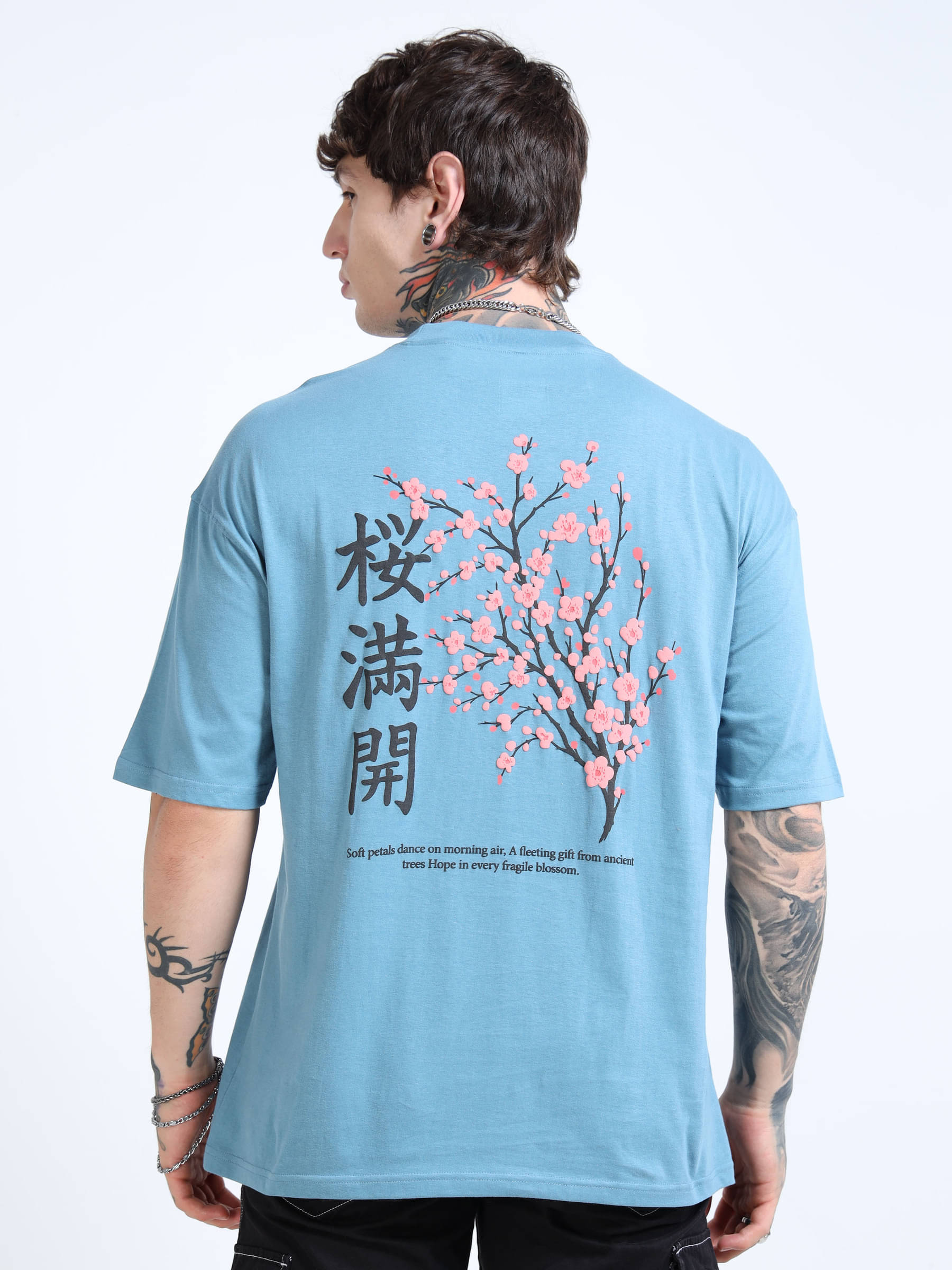     			FROSEN FOX Men 100% Cotton Oversized Fit Self Design T-Shirt ( Light Blue )