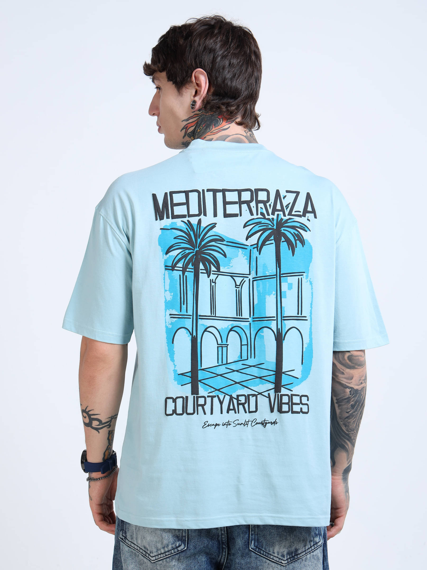     			FROSEN FOX Men 100% Cotton Oversized Fit Self Design T-Shirt ( Sky Blue )