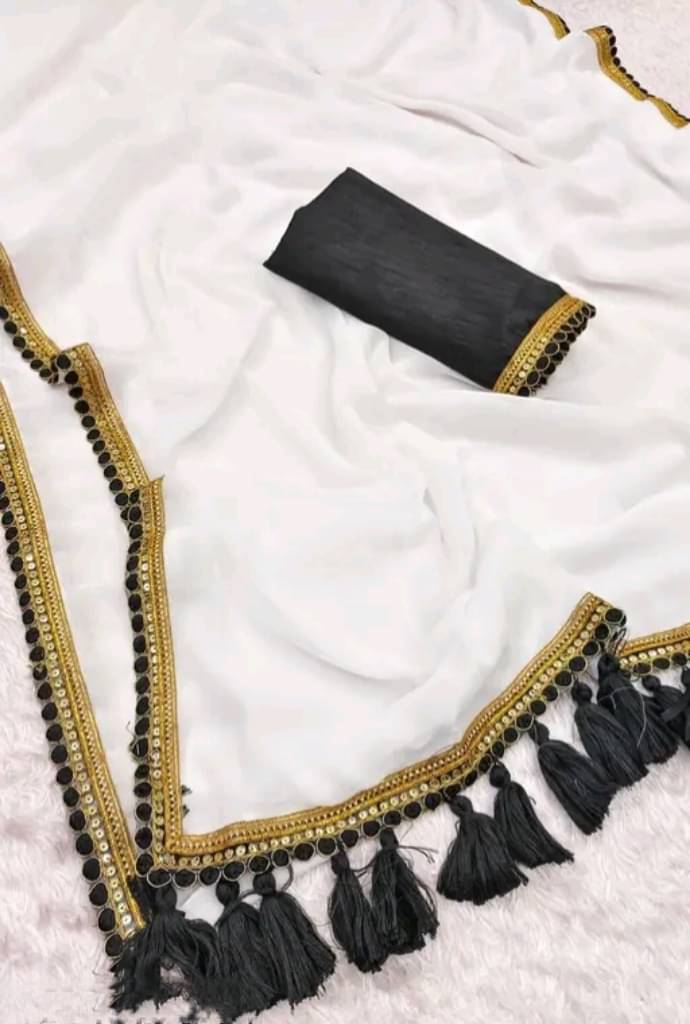     			GALAXYSTUDIOS Georgette Embellished Banarasi saree With Unstitched Blouse Piece ( White,Black )