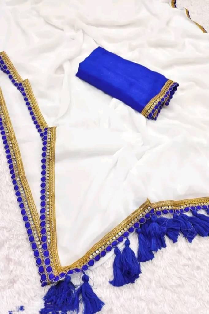     			GALAXYSTUDIOS Georgette Embellished Banarasi saree With Unstitched Blouse Piece ( White,Blue )