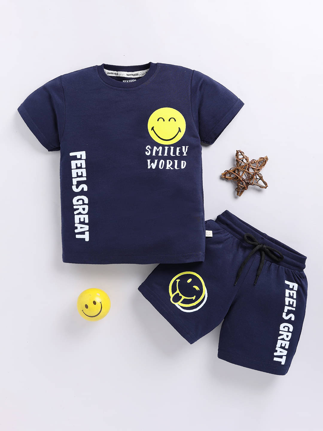     			HAPPY FACES Pack of 1 Boys Cotton T-Shirt & Shorts Set ( Navy )