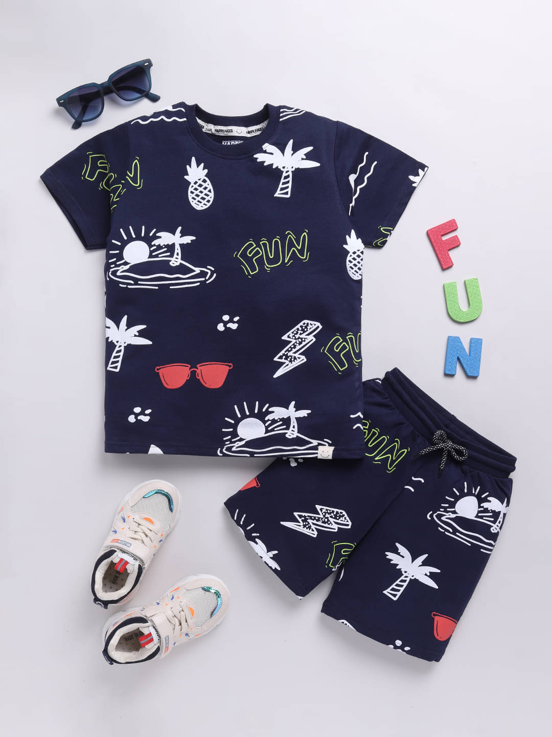     			HAPPY FACES Pack of 1 Boys Cotton T-Shirt & Shorts Set ( Navy )
