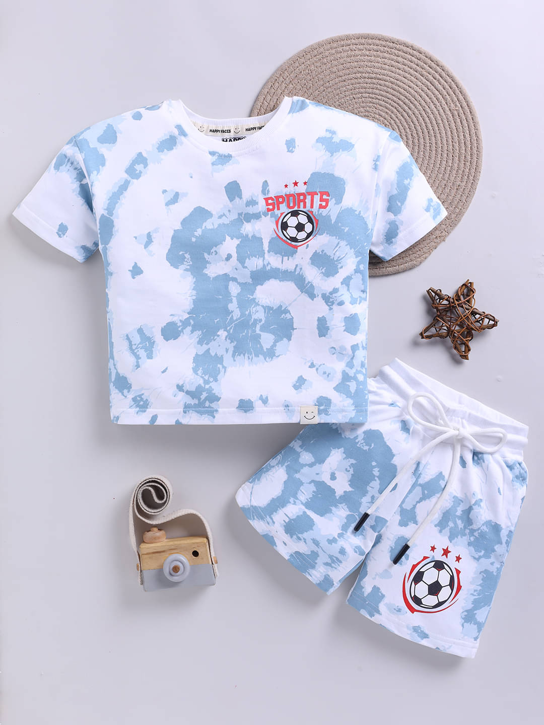     			HAPPY FACES Pack of 1 Boys Cotton T-Shirt & Shorts Set ( Blue )
