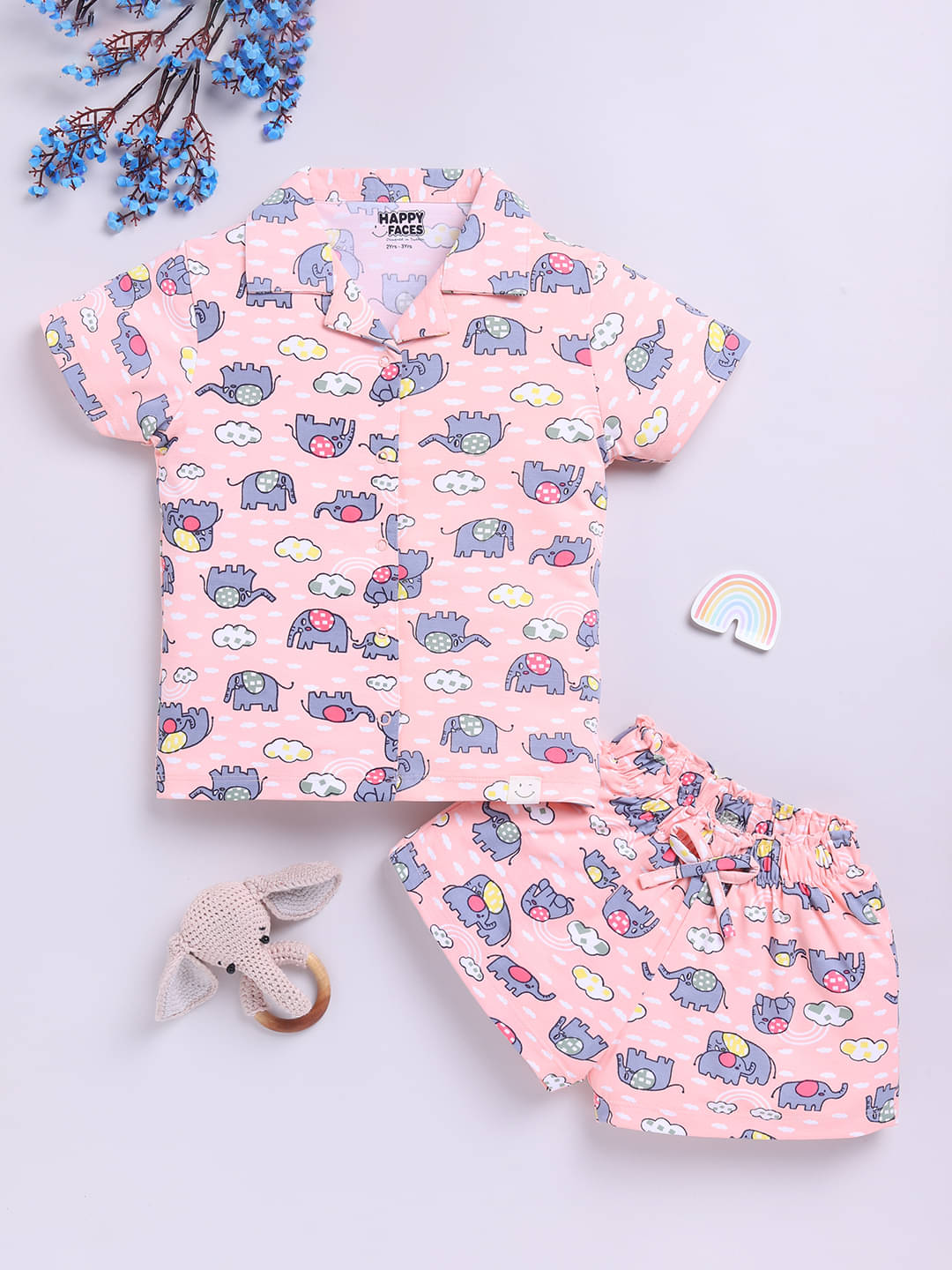     			HAPPY FACES Pack of 1 Boys Cotton Shirt & Shorts Set ( Peach )