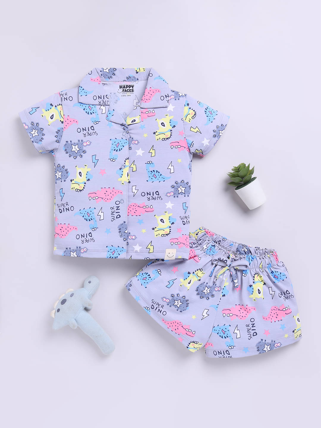     			HAPPY FACES Pack of 1 Boys Cotton Shirt & Shorts Set ( Grey )