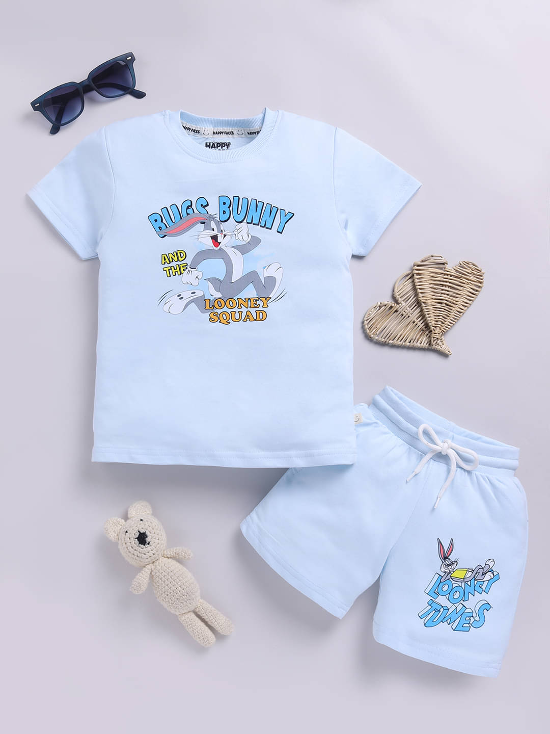     			HAPPY FACES Pack of 1 Boys Cotton T-Shirt & Shorts Set ( Blue )