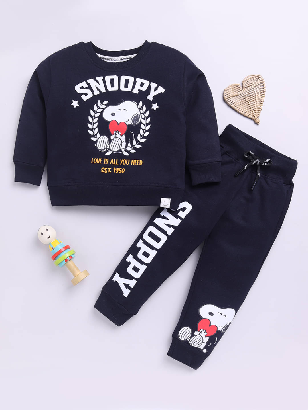     			HAPPY FACES Pack of 1 Boys Cotton T-Shirt & Trackpants Set ( Black )