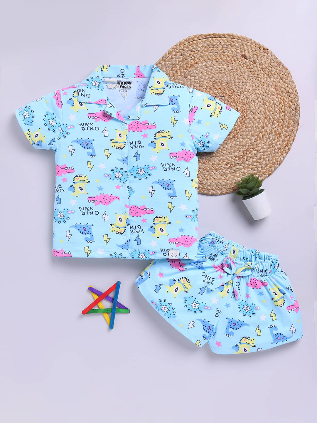     			HAPPY FACES Pack of 1 Boys Cotton Shirt & Shorts Set ( Blue )