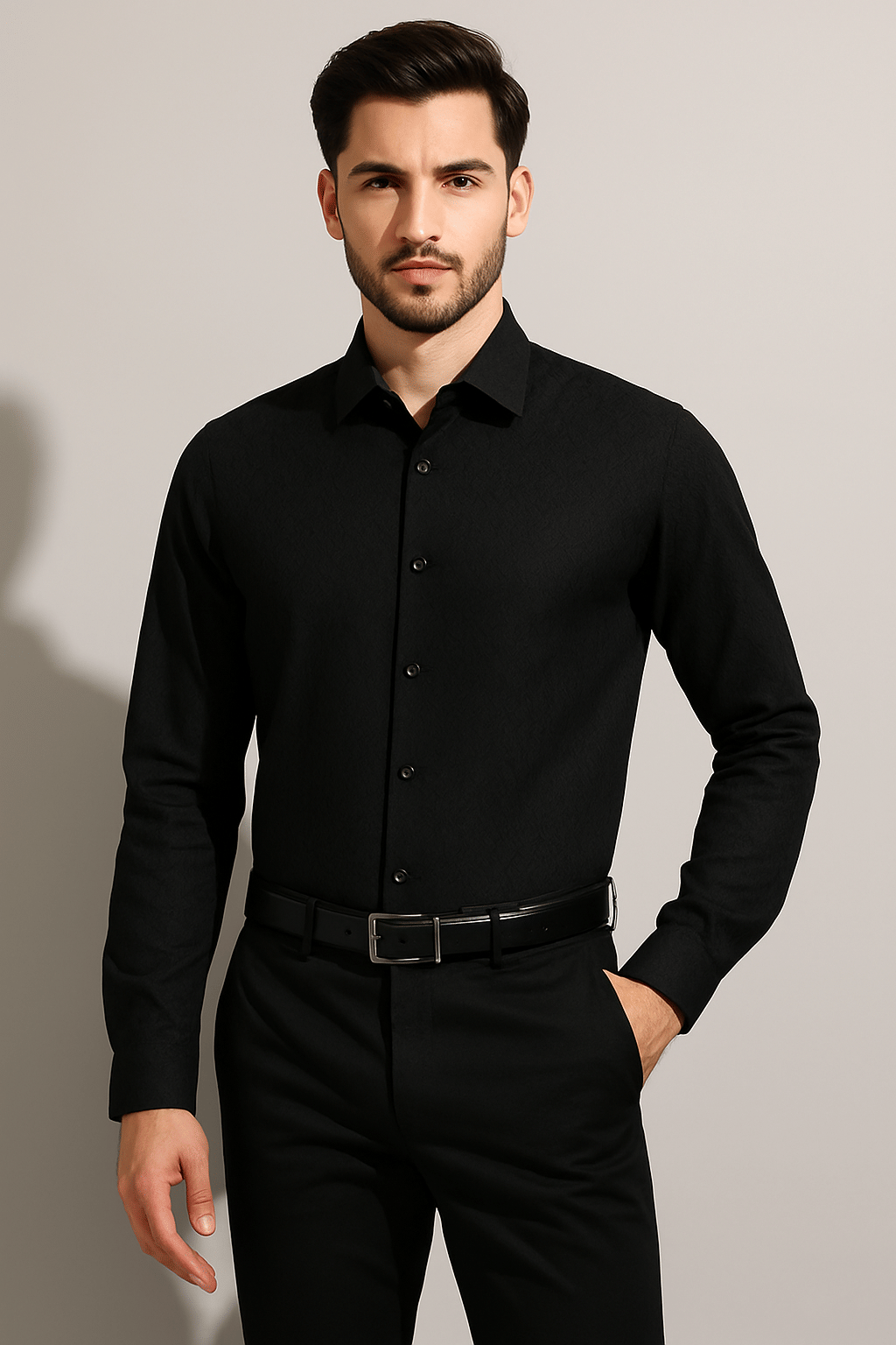HETIERS 100% Cotton Slim Fit Self Design Full Sleeves Men's Casual Shirt - Black ( Pack of 1 )     			HETIERS 100% Cotton Slim Fit Self Design Full Sleeves Men's Casual Shirt - Black ( Pack of 1 )