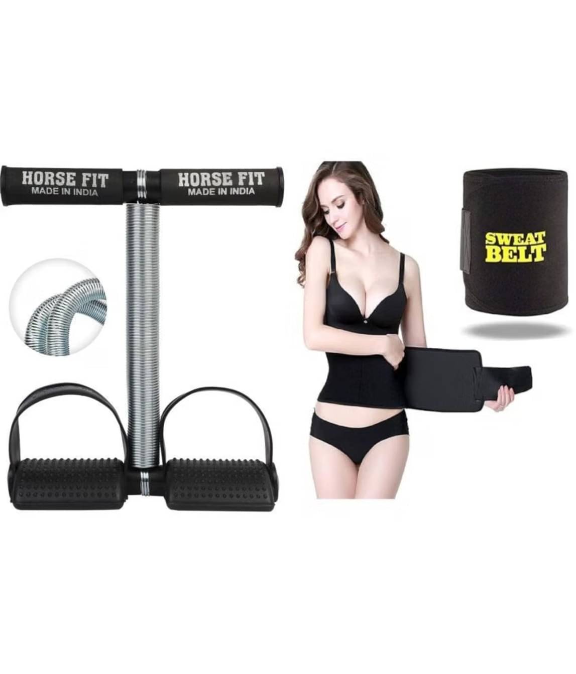     			HORSE FIT Tummy Trimmer Single Spring and Sweat Slim Belt Combo Pack Abdominal Exerciser, For Home Gym (Men & Women)