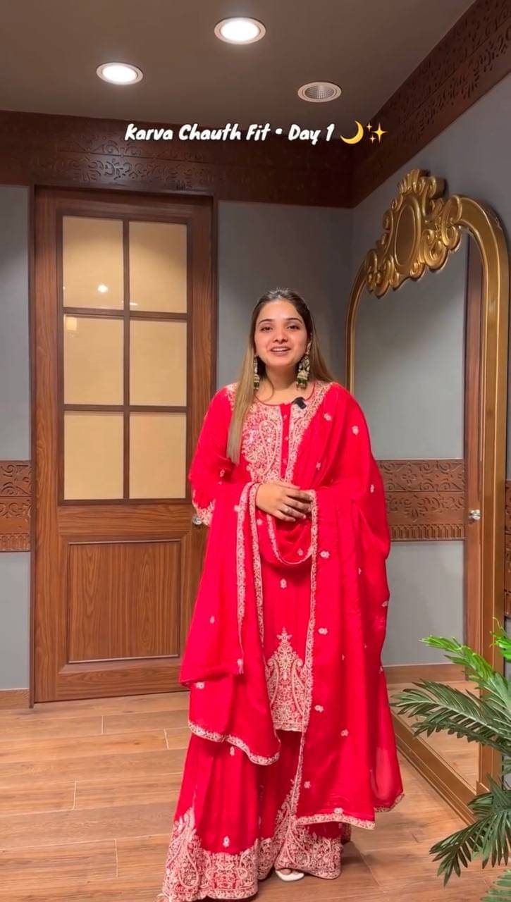     			INDIAN SILKS Women Georgette Embroidered Straight Kurti With Sharara And Gharara ( Red )