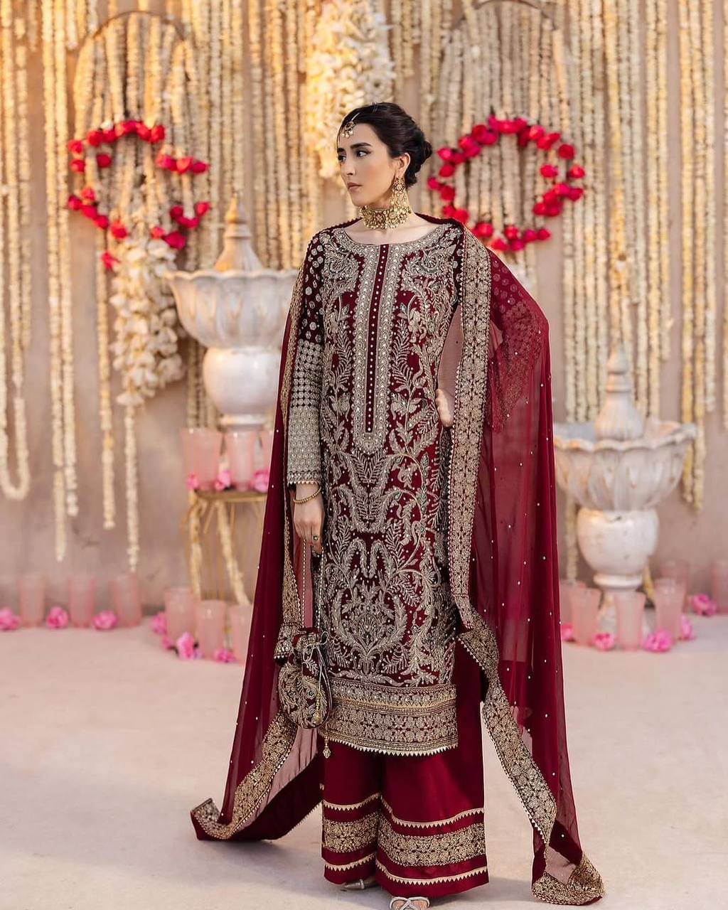     			INDIAN SILKS Women Georgette Embroidered Straight Kurti With Palazzo ( Red )