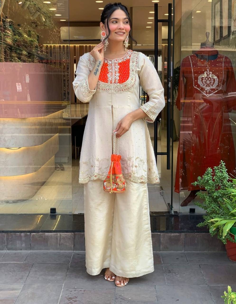     			INDIAN SILKS Women Silk Embroidered Straight Kurti With Pants ( Orange )