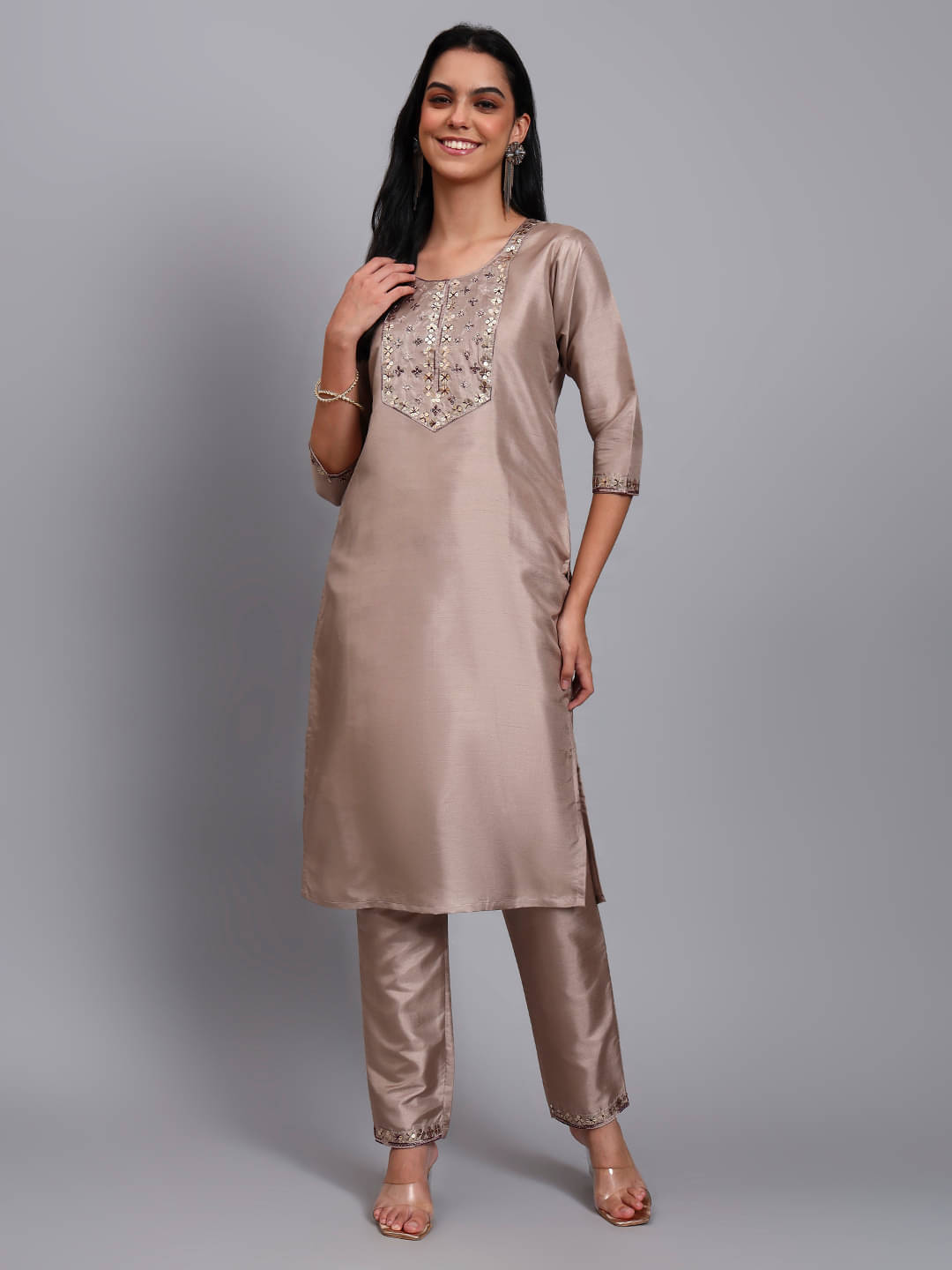 JDS LIFESTYLE Women Silk Blend Embroidered Straight Kurti With Pants ( Beige ) JDS LIFESTYLE Women Silk Blend Embroidered Straight Kurti With Pants ( Beige )