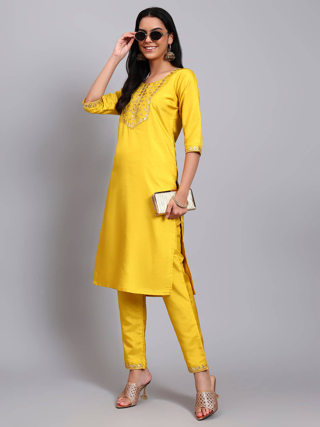 JDS LIFESTYLE Women Silk Blend Embroidered Straight Kurti With Pants ( Yellow ) JDS LIFESTYLE Women Silk Blend Embroidered Straight Kurti With Pants ( Yellow )