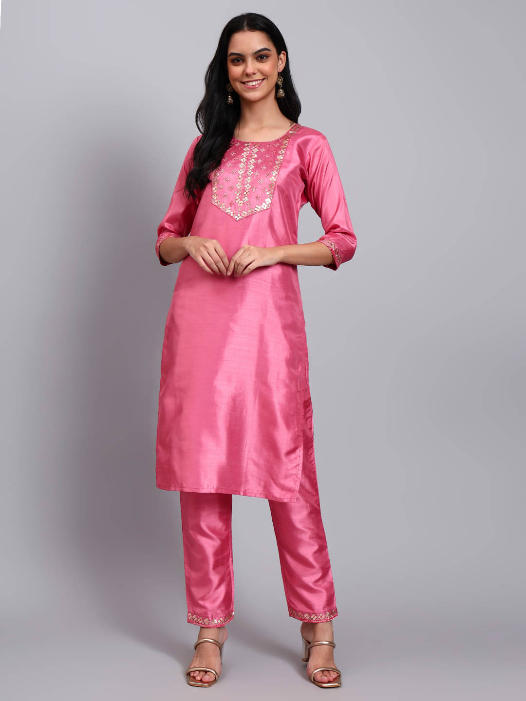     			JDS  LIFESTYLE Women Silk Blend Embroidered Straight Kurti With Pants ( Fuchsia )
