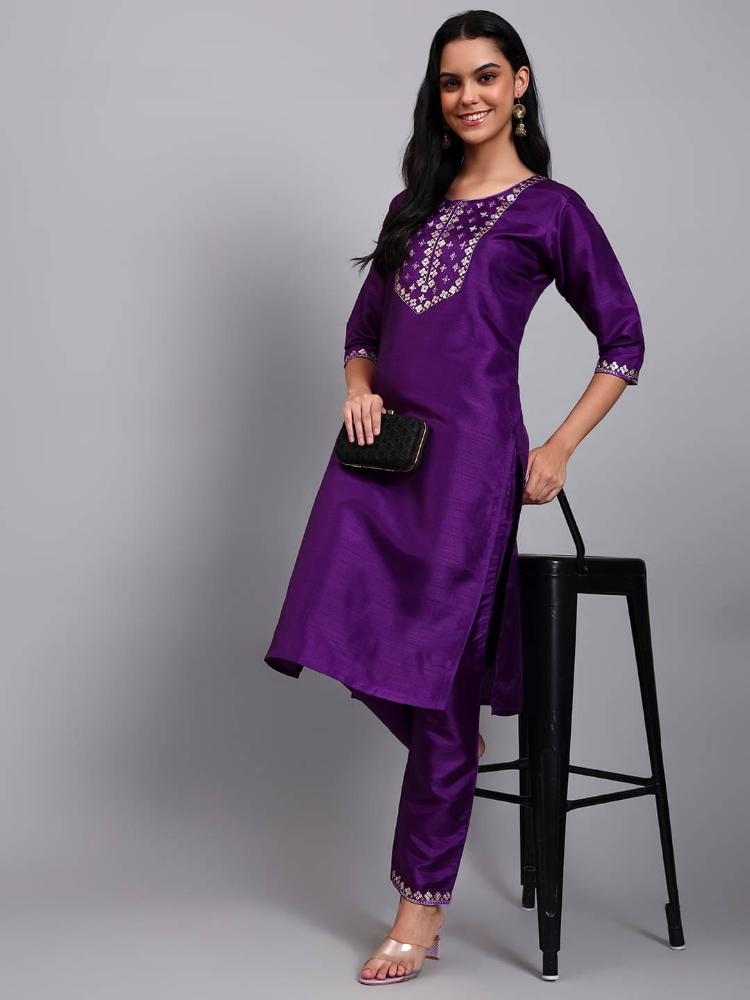 JDS LIFESTYLE Women Silk Blend Embroidered Straight Kurti With Pants ( Purple ) JDS LIFESTYLE Women Silk Blend Embroidered Straight Kurti With Pants ( Purple )
