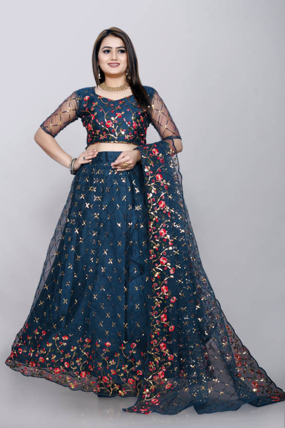     			KV Fashion Women Net Flared Semi Stitched Lehenga Choli ( Blue )